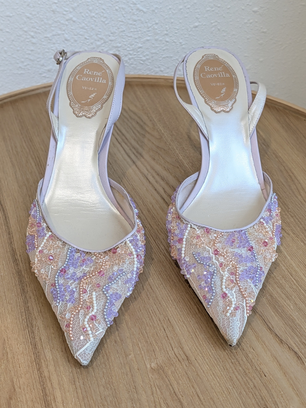 Rene Caovilla NWOT Sling Back Heels Hand Beaded